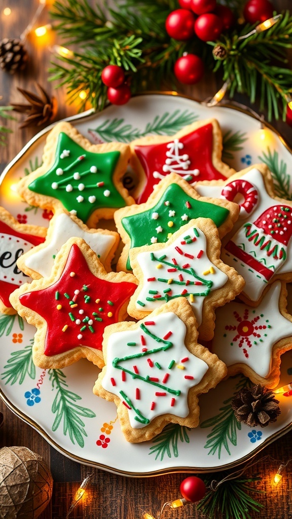 Classic 90s Christmas Cookie Recipe A plate of decorated Christmas cookies with icing and sprinkles, surrounded by festive decorations.